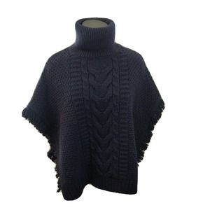 Saol Ireland Poncho Merino Wool Aran Cowl Neck Cable Knit New Women's Blue 1X